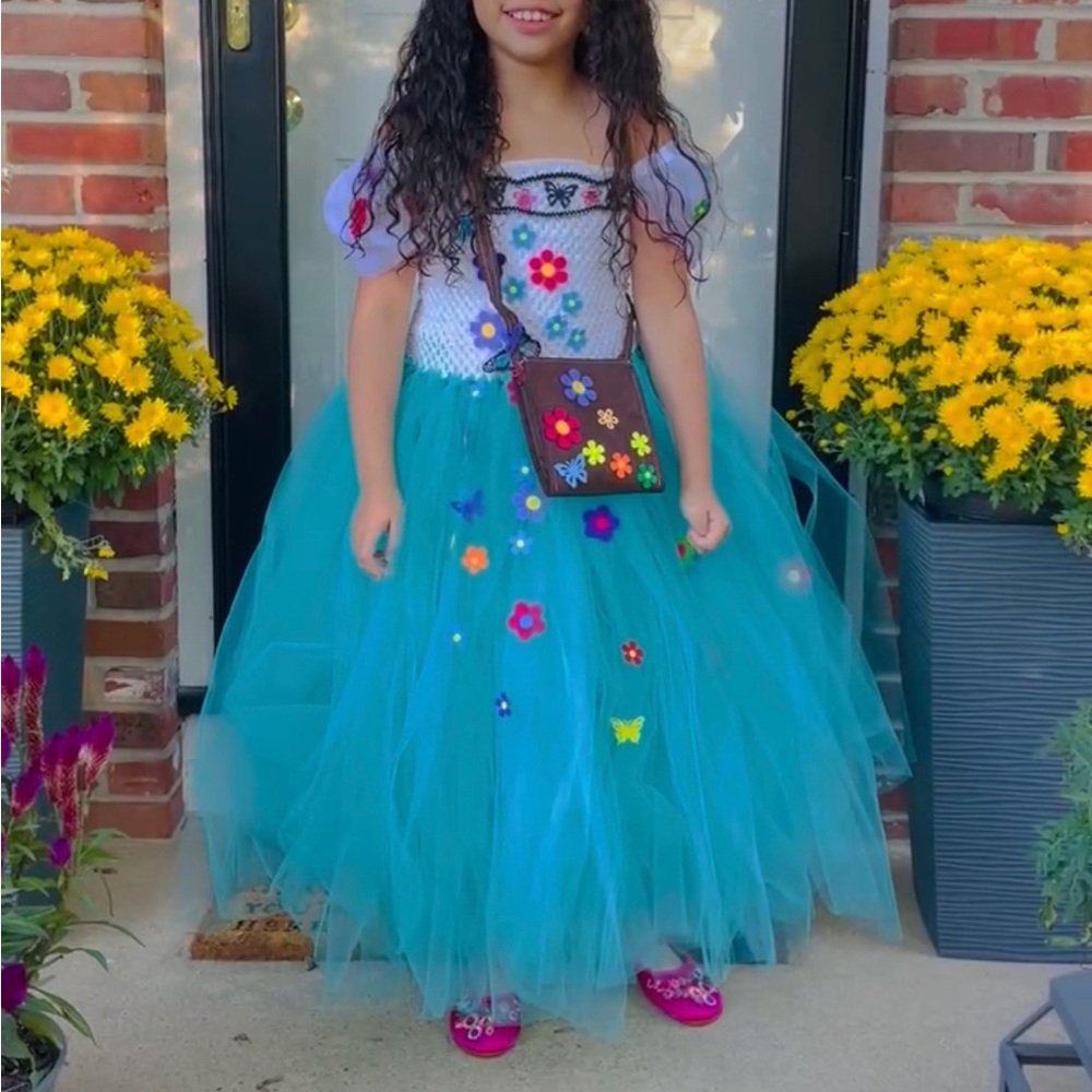 Encanto Kids Teal Flower Tulle Princess Costume Dress w/ Purse, Glasses, Shoes